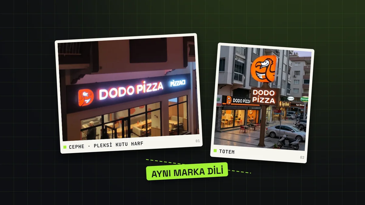 Bir restoran zincirinin şubelerinde ışıklı pleksi kutu harf cephe tabelası ve totem tabela