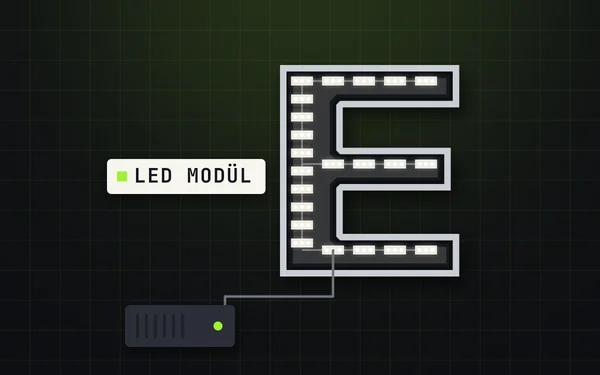 LED dizimi aşaması: harfin içine yerleştirilen LED modüller ve güç kaynağı (çizim)