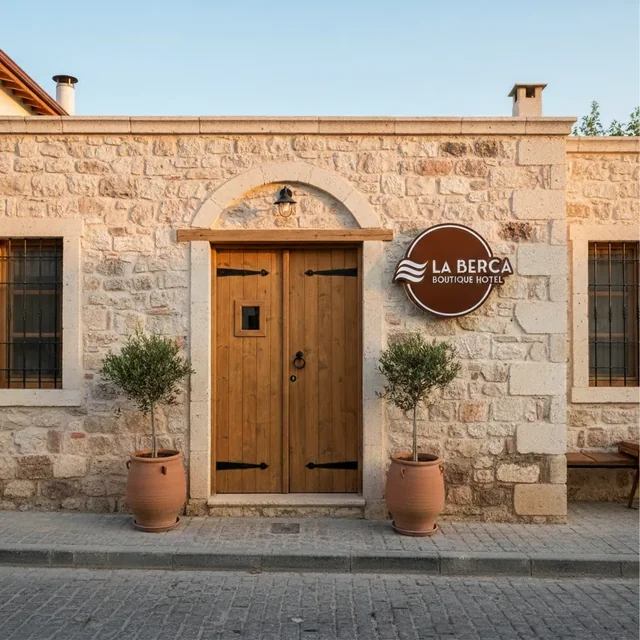 Butik otel girişinde yuvarlak ışıklı logo tabela