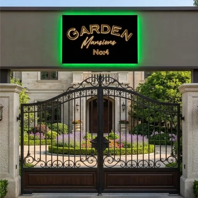 Villa girişinde yeşil arkadan aydınlatmalı logo tabela