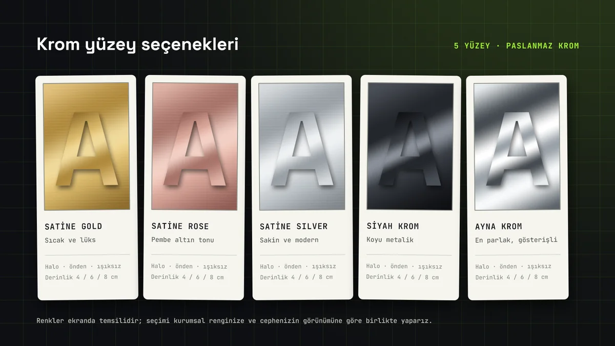 Satine Gold, Satine Rose, Satine Silver, Siyah Krom ve Ayna Krom yüzeyli krom harf örnekleri