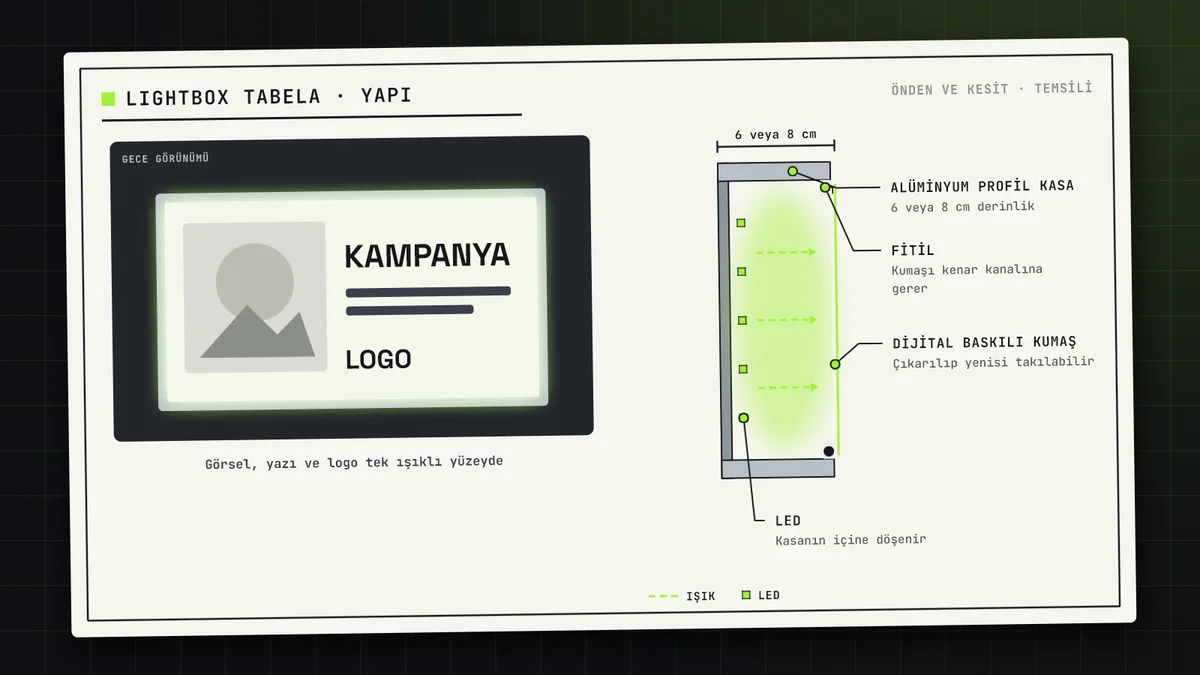 Lightbox tabelanın gece görünümü ve kesiti: 6 veya 8 cm alüminyum profil kasa, içindeki LED, fitille gerilen dijital baskılı kumaş