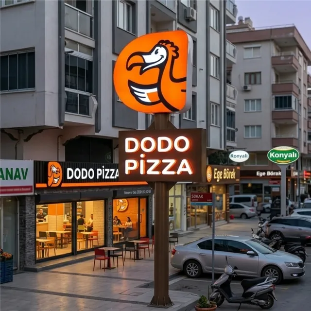 Mağaza önünde ışıklı logo panelli yüksek totem tabela